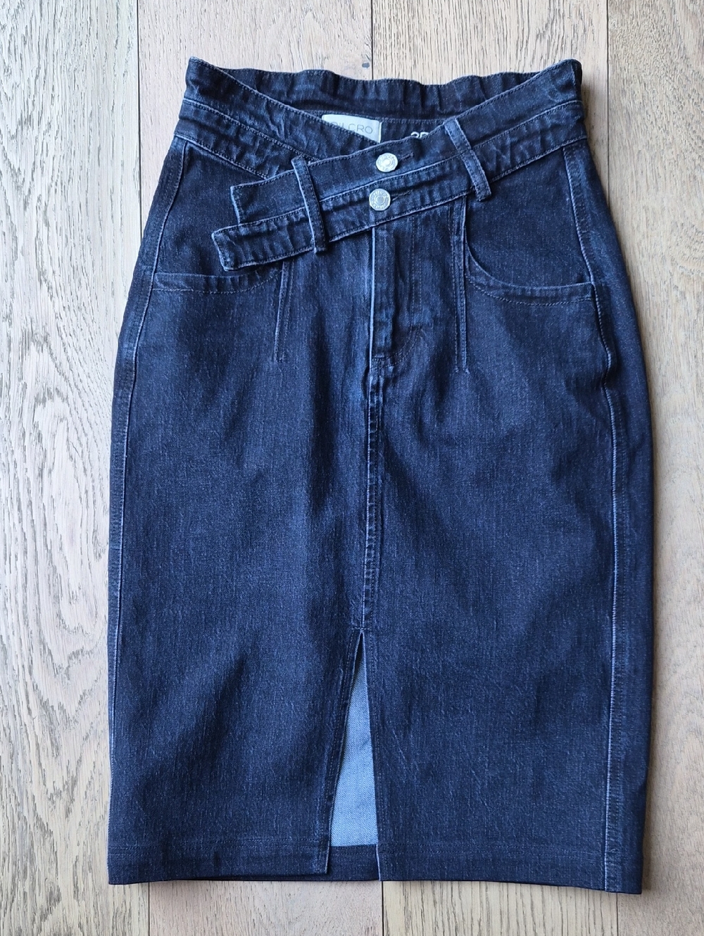Pilcro Dark Blue High-Rise Denim Pencil Skirt with Waist Belt